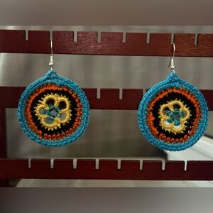Blue orange black yellow crochet earrings